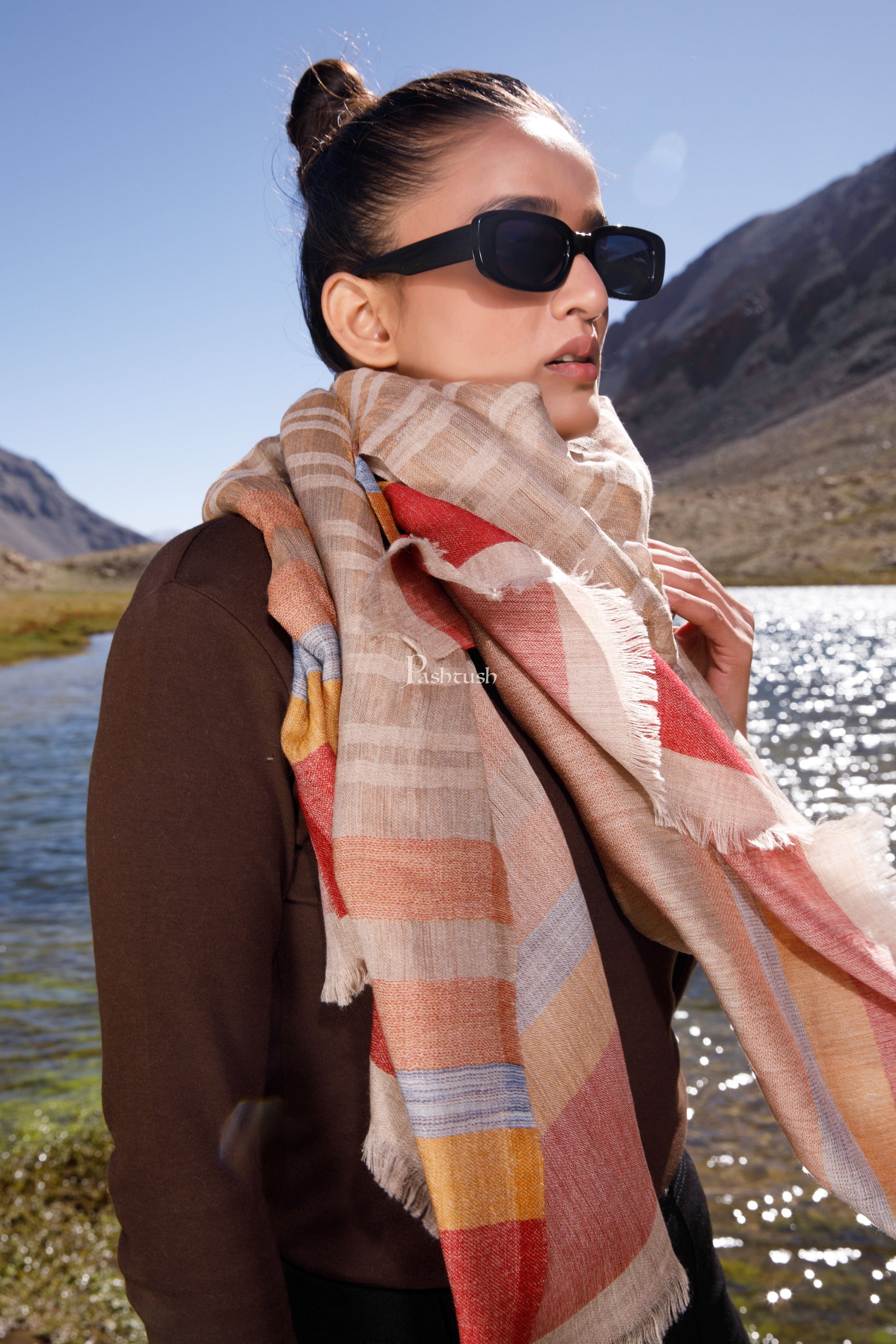 Pashtush India Womens Stoles and Scarves Scarf Pashtush Womens Wool Silk Stole, Twilight Collection, Soft Woven Stripes Design, Earthy Tan
