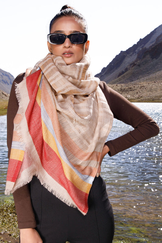 Pashtush India Womens Stoles and Scarves Scarf Pashtush Womens Wool Silk Stole, Twilight Collection, Soft Woven Stripes Design, Earthy Tan