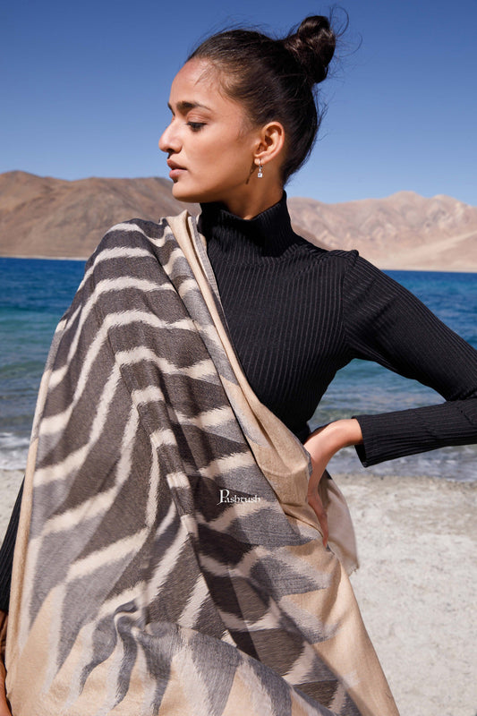 Pashtush India Womens Stoles and Scarves Scarf Pashtush Womens Wool Silk Stole, Woven Striped Melange Design, Beige And Black