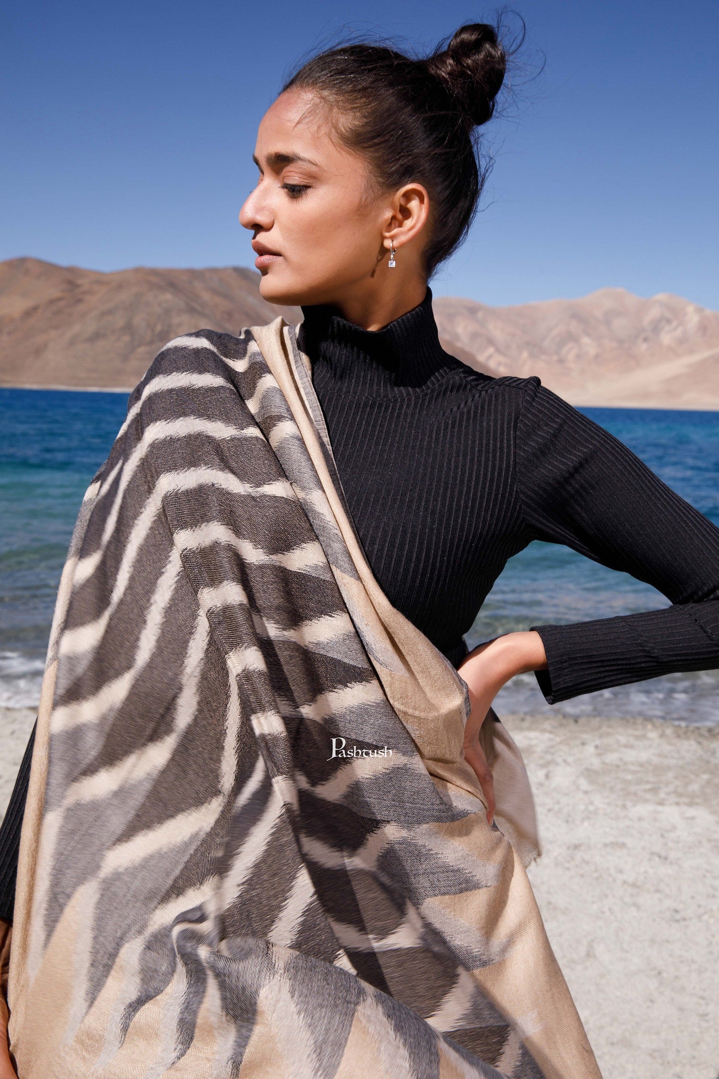 Pashtush India Womens Stoles and Scarves Scarf Pashtush Womens Wool Silk Stole, Woven Striped Melange Design, Beige And Black