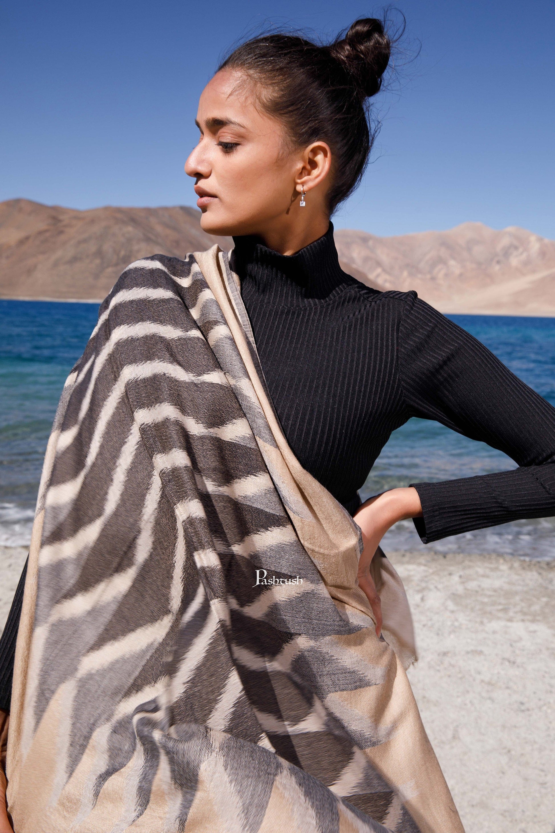 Pashtush India Womens Stoles and Scarves Scarf Pashtush Womens Wool Silk Stole, Woven Striped Melange Design, Beige And Black