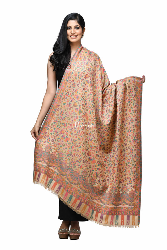 Pashwool Womens Shawls Pashtush Womens Woollen Ethnic Design Shawl, Soft And Warm, Light Weight Beige