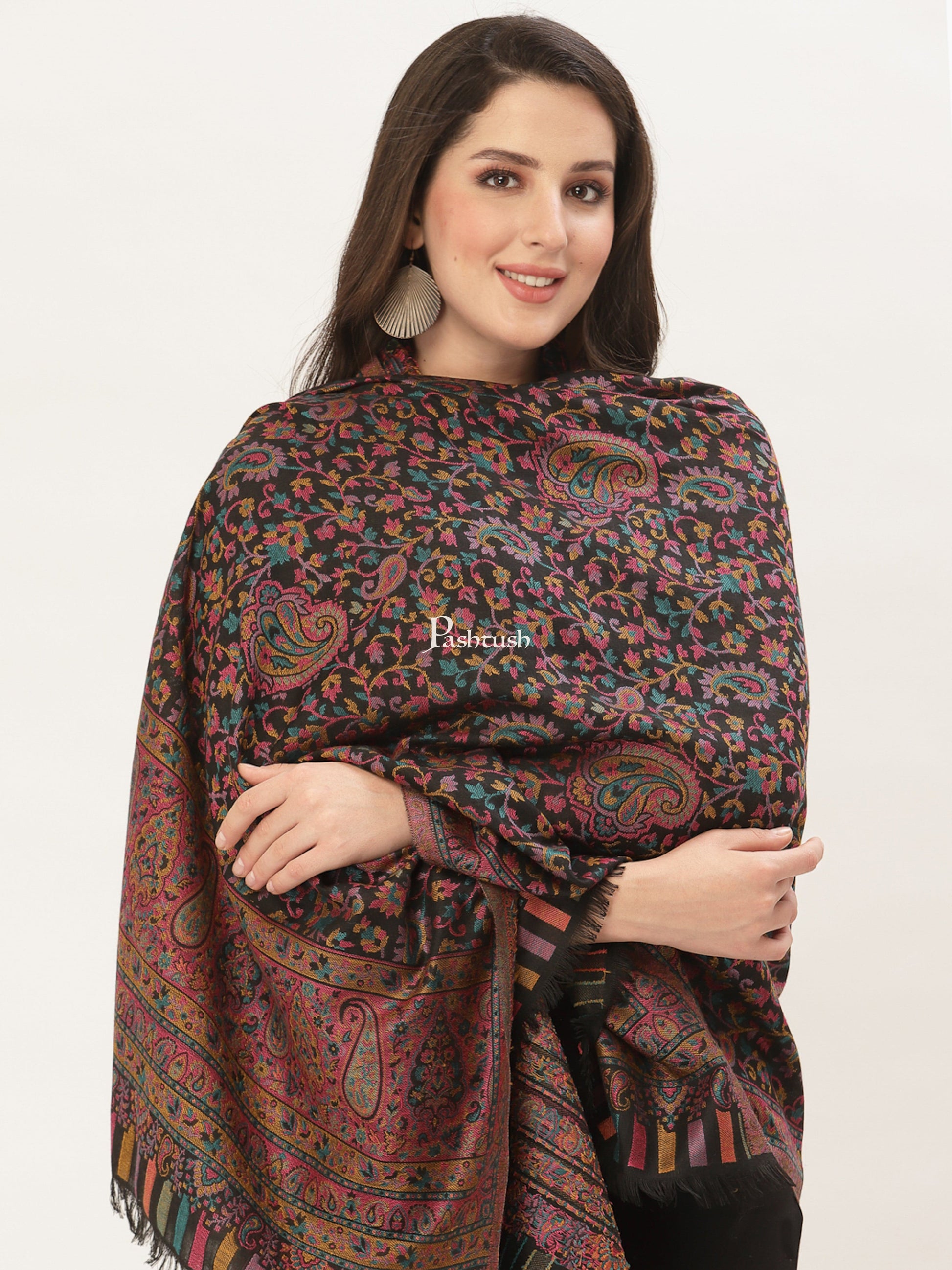 Pashwool Womens Shawls Pashtush Womens Woollen Ethnic Design Shawl, Soft And Warm, Light Weight, Multicolour