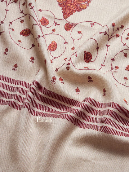 Pashtush India Womens Shawls Pashtush Womens Woollen Shawl, Kashmiri Embroidery Design Design, Taupe