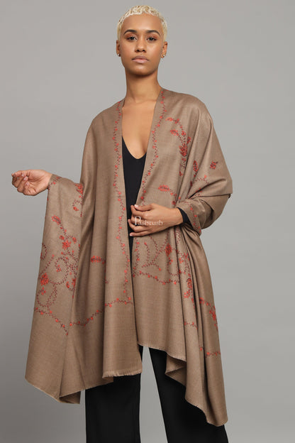 Pashtush India Womens Shawls Pashtush Womens Woollen Shawl, Thick And Warm, Kashmiri Hand Embroidery, Design, Taupe