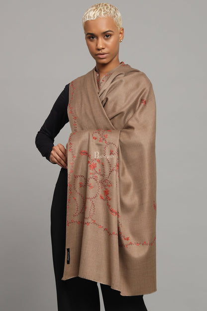 Pashtush India Womens Shawls Pashtush Womens Woollen Shawl, Thick And Warm, Kashmiri Hand Embroidery, Design, Taupe