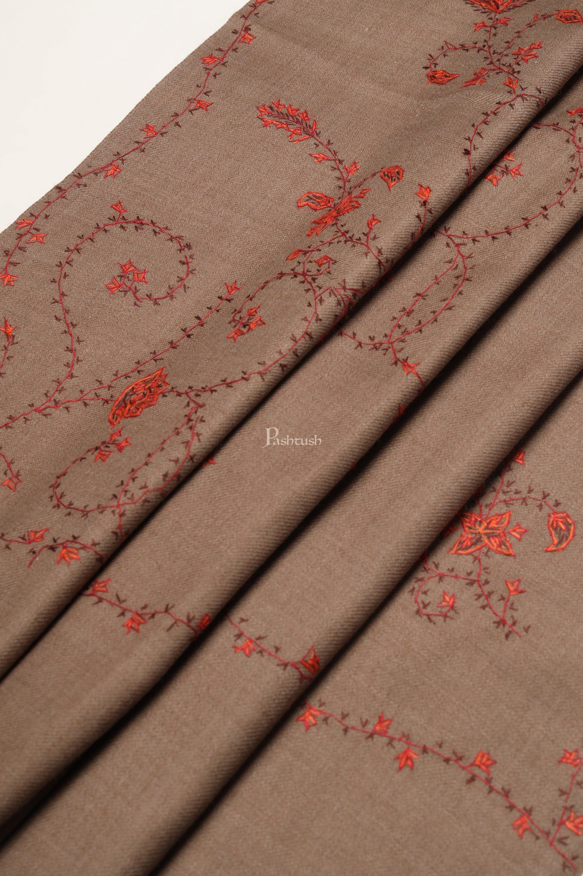 Pashtush India Womens Shawls Pashtush Womens Woollen Shawl, Thick And Warm, Kashmiri Hand Embroidery, Design, Taupe