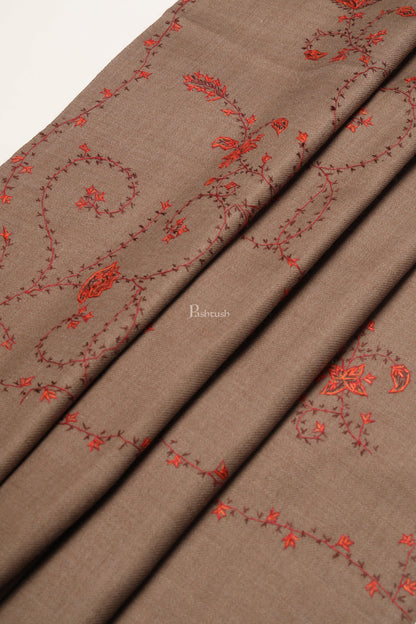 Pashtush India Womens Shawls Pashtush Womens Woollen Shawl, Thick And Warm, Kashmiri Hand Embroidery, Design, Taupe