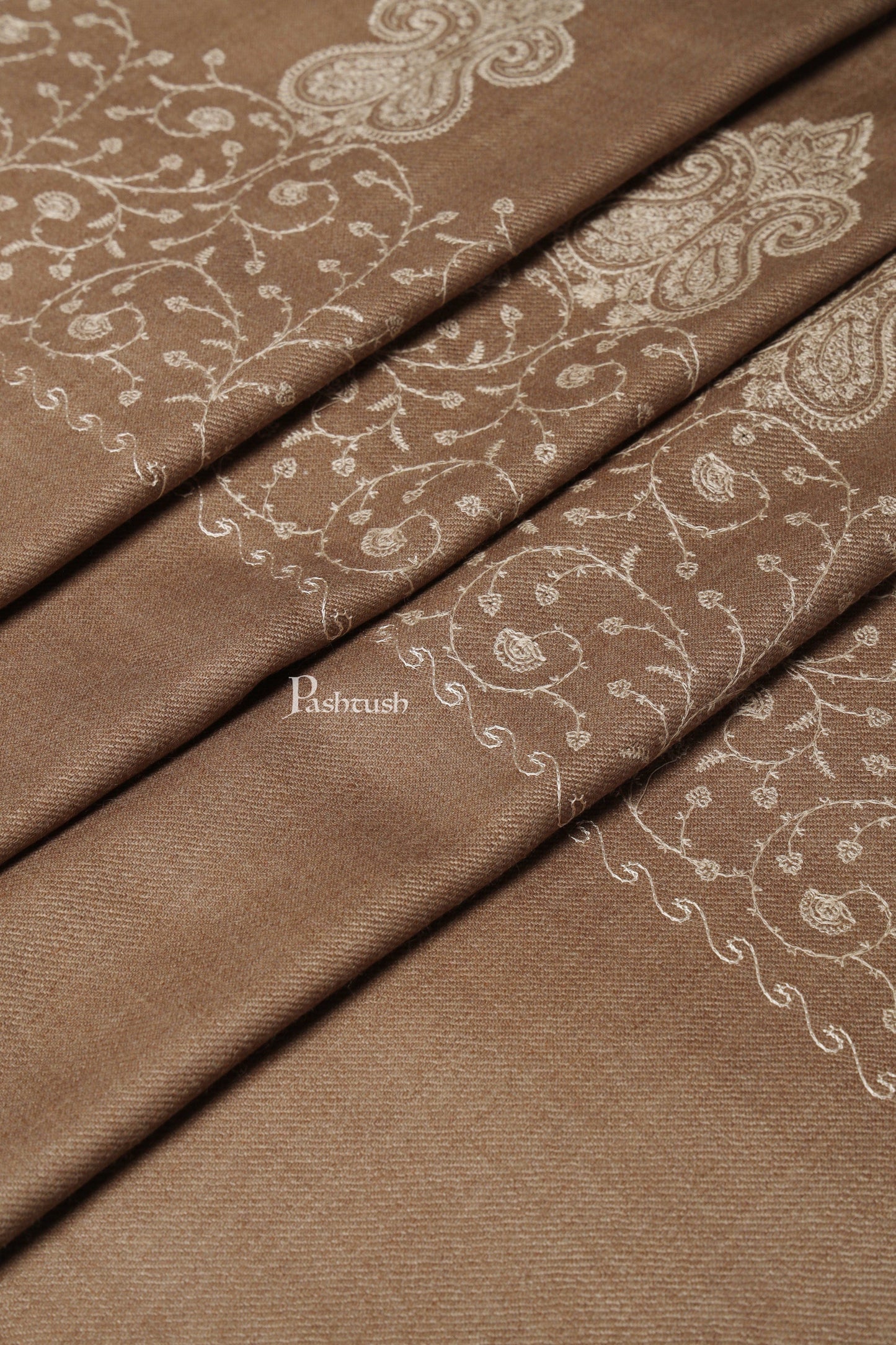 Pashtush India Womens Shawls Pashtush Womens Woollen Shawl, Thick And Warm, Tone And Tone Palla Embroidery  Design, Taupe