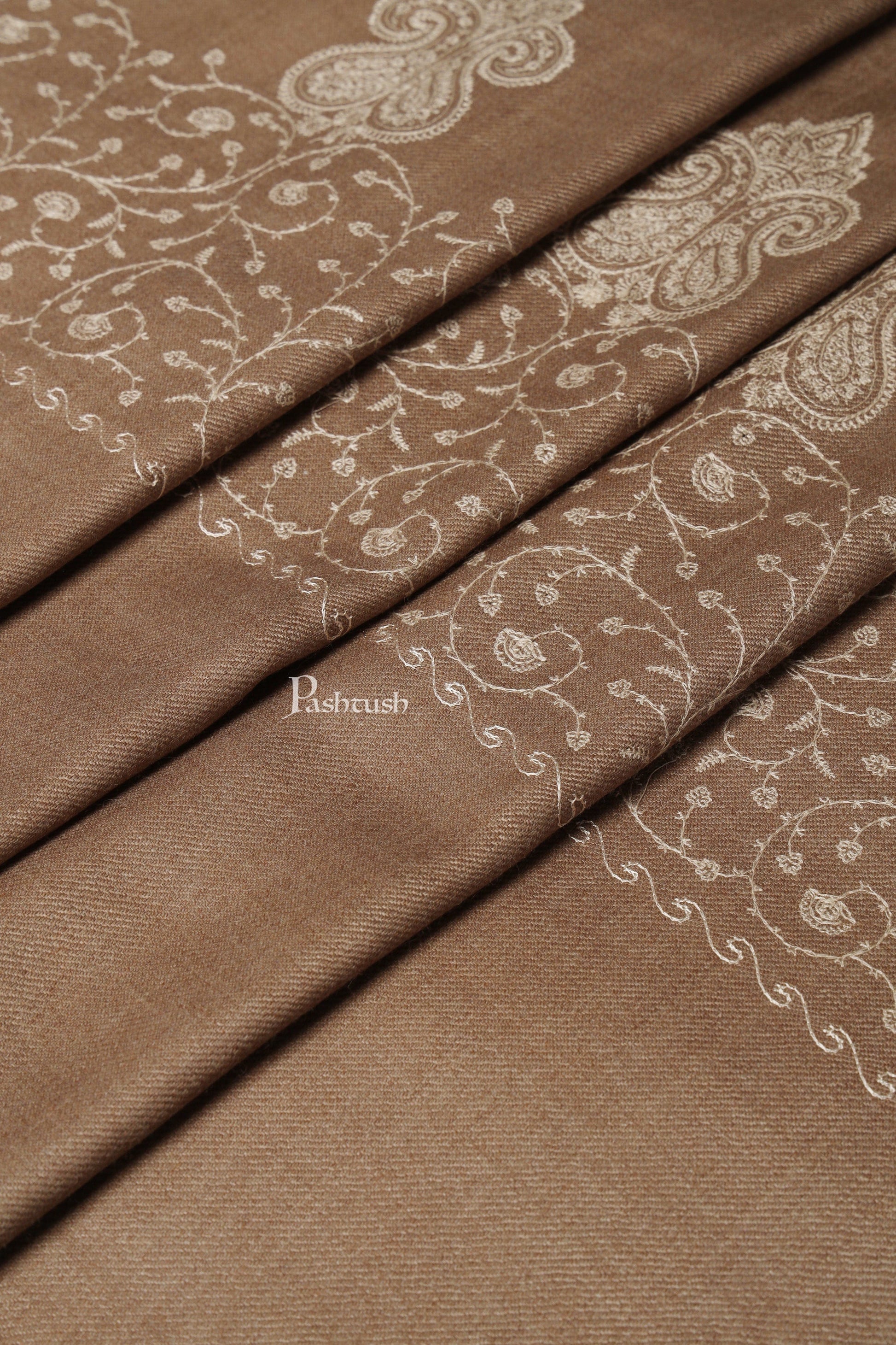 Pashtush India Womens Shawls Pashtush Womens Woollen Shawl, Thick And Warm, Tone And Tone Palla Embroidery  Design, Taupe