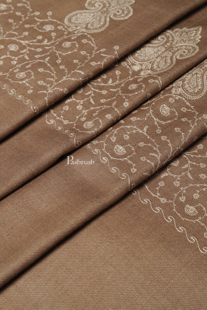 Pashtush India Womens Shawls Pashtush Womens Woollen Shawl, Thick And Warm, Tone And Tone Palla Embroidery  Design, Taupe
