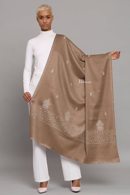 Pashtush India Womens Shawls Pashtush Womens Woollen Shawl, Thick And Warm, Tone And Tone Palla Embroidery  Design, Taupe