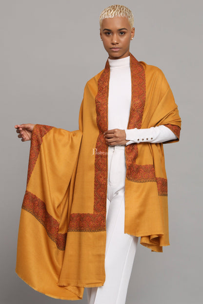Pashtush India Womens Shawls Pashtush Womens Woollen Shawl, Thick Woollen, Kashmiri Embroidery Design, Mustard