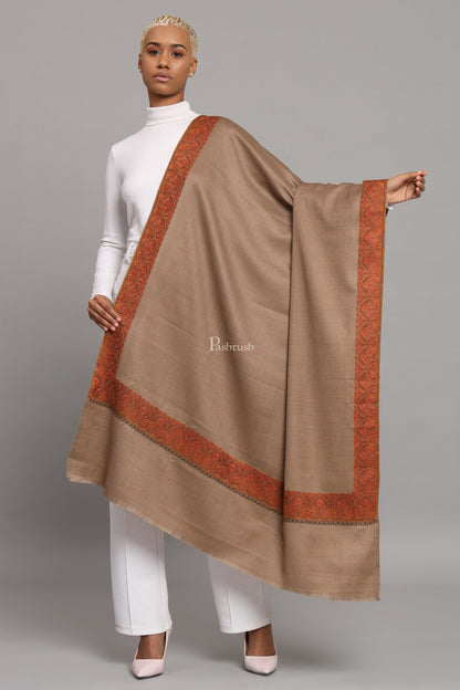 Pashtush India Womens Shawls Pashtush Womens Woollen Shawl, Thick Woollen, Kashmiri Embroidery Design, Taupe
