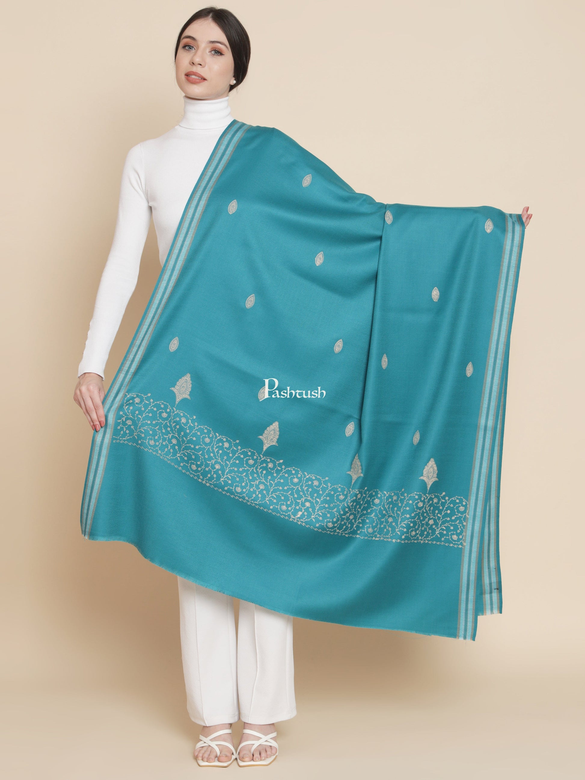 Pashtush India Womens Shawls Pashtush Womens Woollen Shawl, Tone And Tone Palla Embroidery, Serne Blue