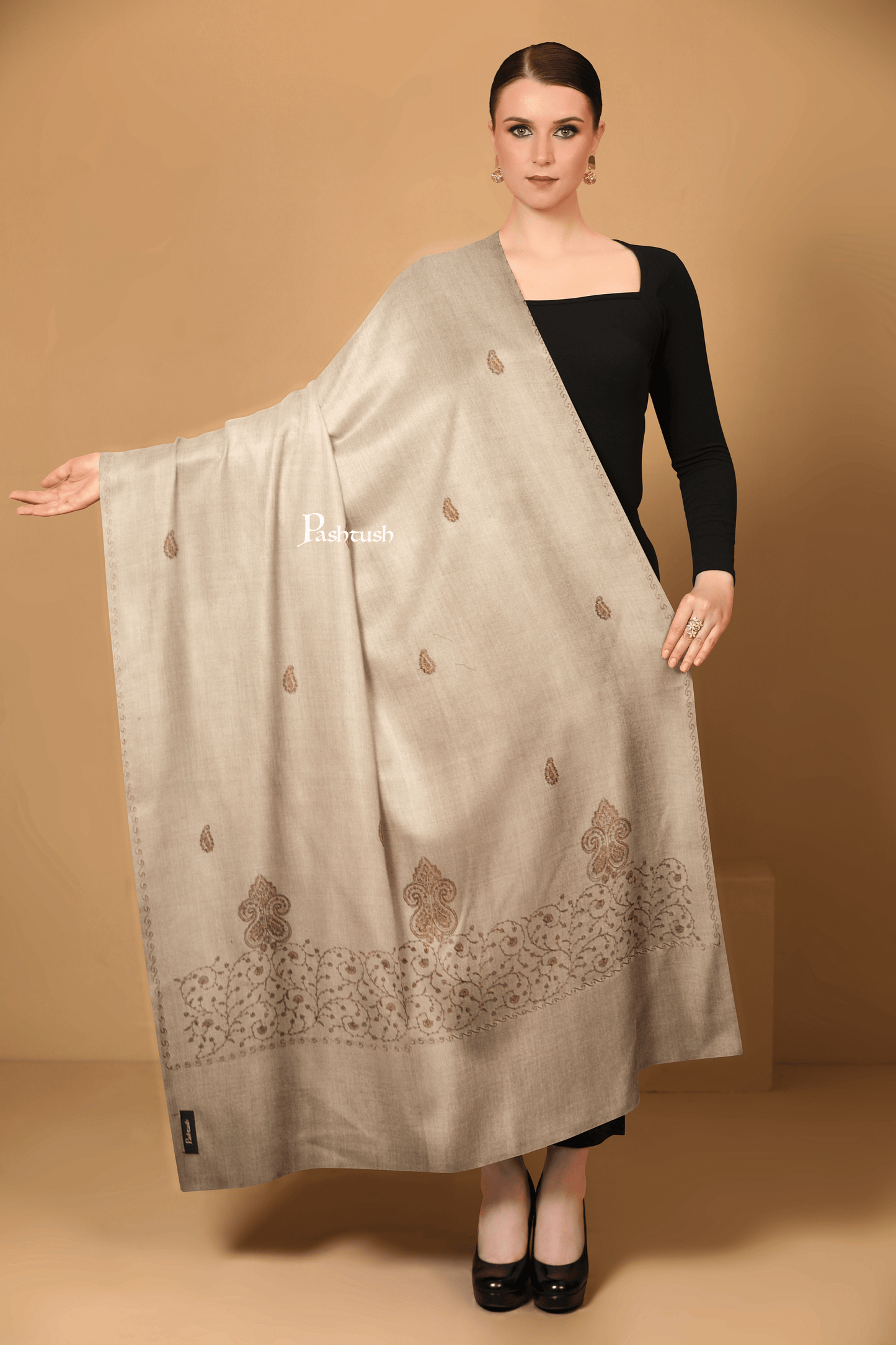 Pashtush India Womens Shawls Pashtush Womens Woollen Shawl, Tone On Tone Palla Design, Taupe