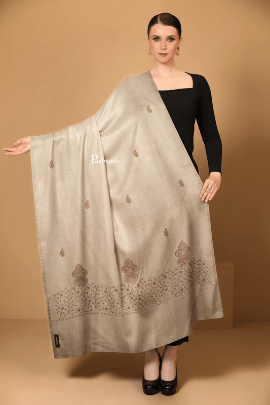 Pashtush India Womens Shawls Pashtush Womens Woollen Shawl, Tone On Tone Palla Design, Taupe