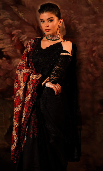Pashtush Store Stole Pashtush Womens Fine Wool, Silky Nalki Embroidery Needlework Stole, Black