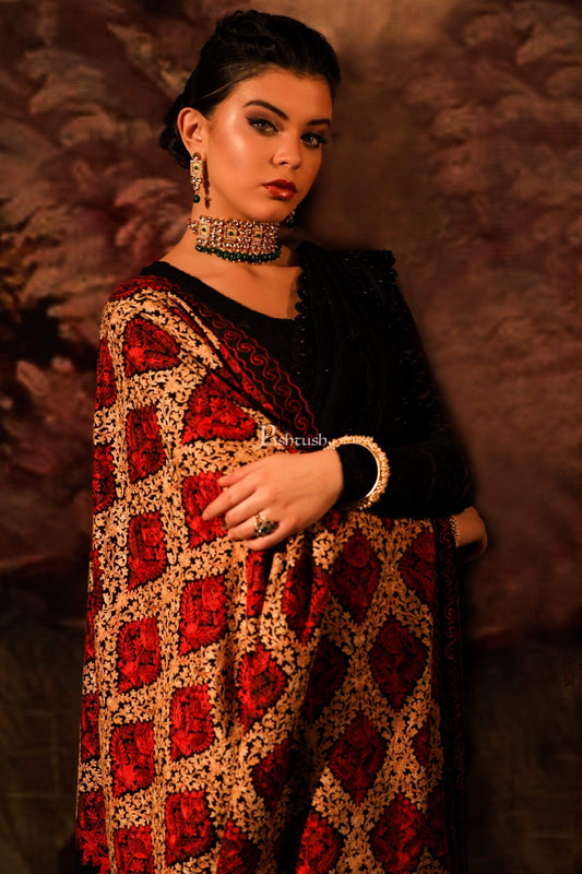 Pashtush Store Stole Pashtush Womens Fine Wool, Silky Nalki Embroidery Needlework Stole, Black
