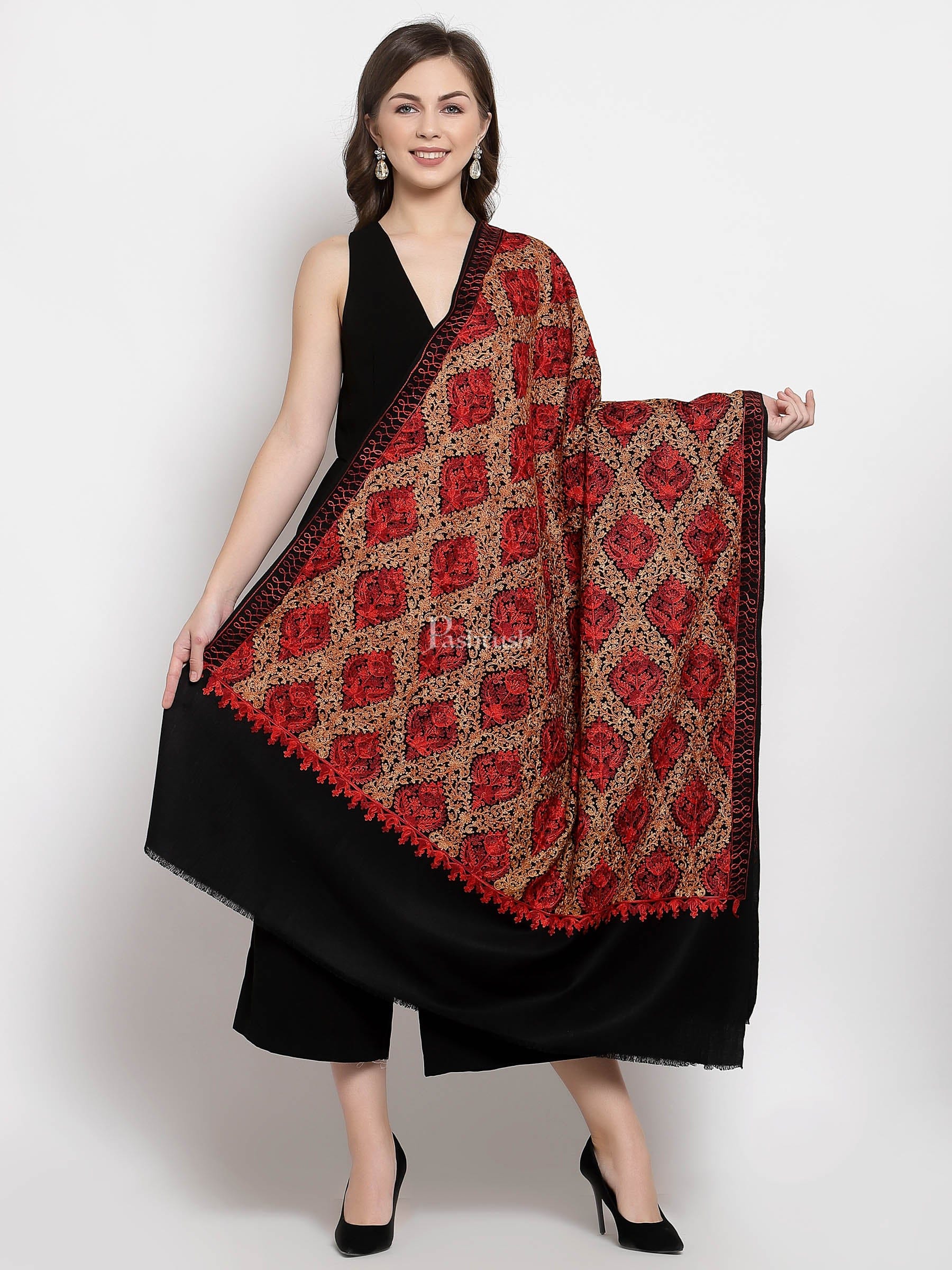 Pashtush India Womens Shawls Pashtush Womens Woollen, Silky Aari Embroidery Needlework Stole, Black