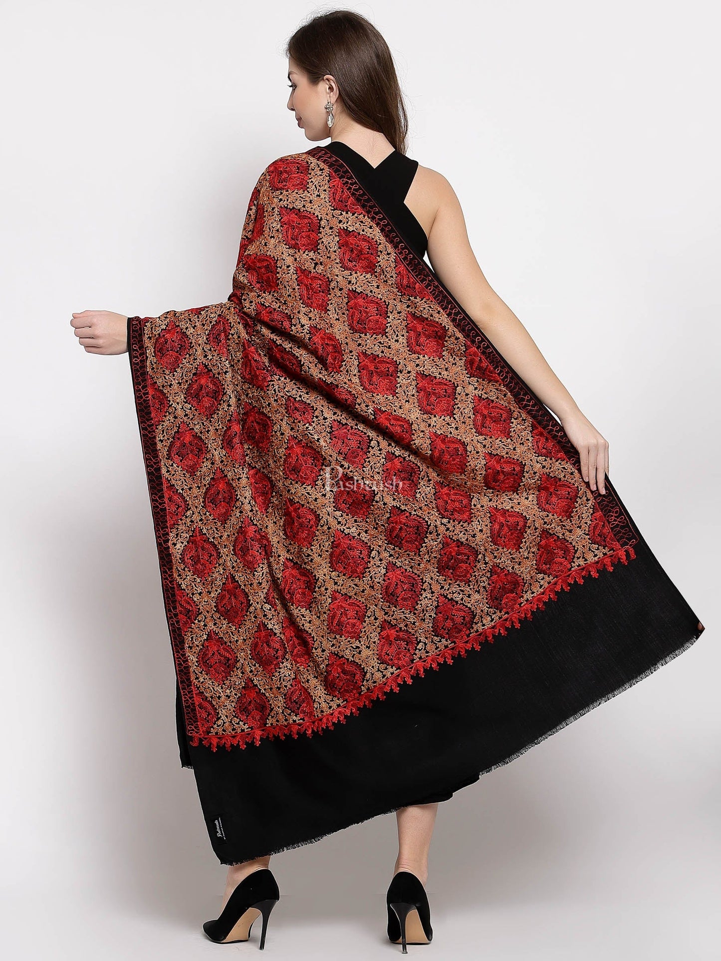 Pashtush India Womens Shawls Pashtush Womens Woollen, Silky Aari Embroidery Needlework Stole, Black