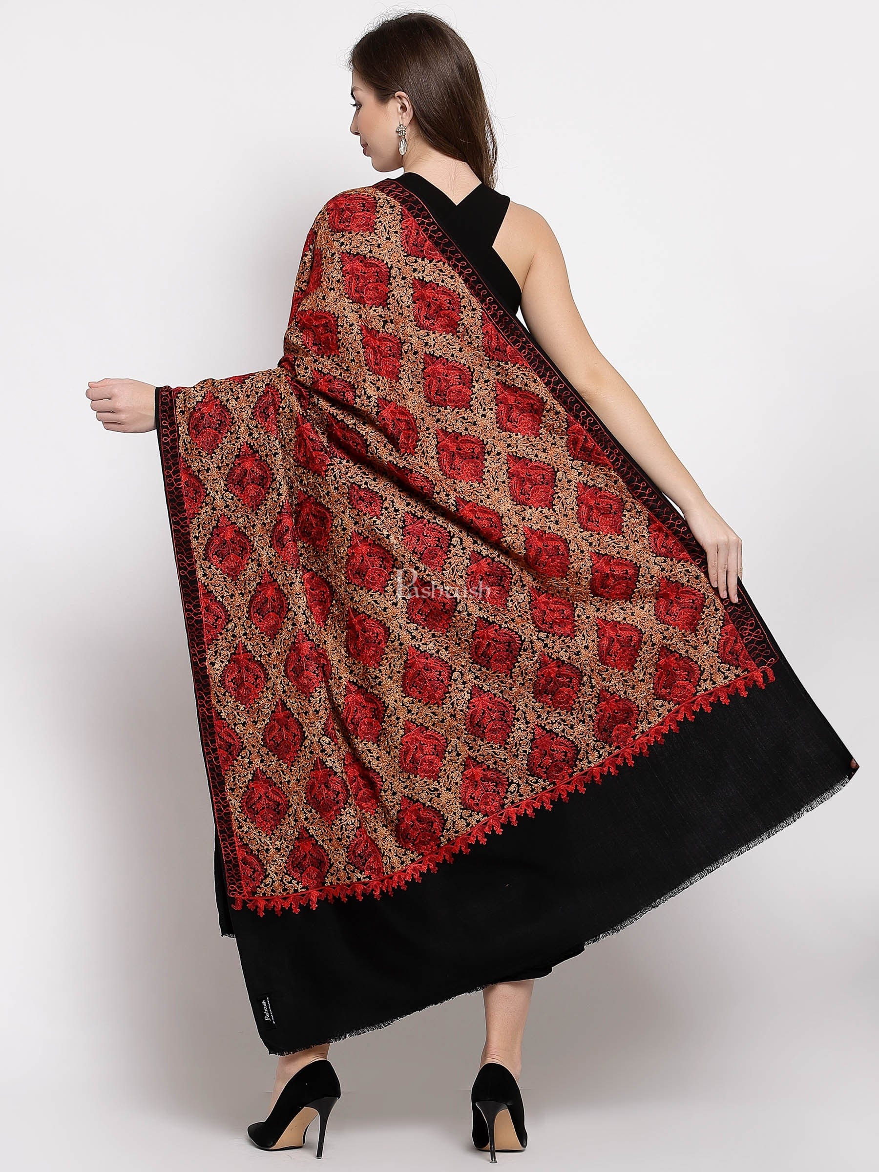 Pashtush India Womens Shawls Pashtush Womens Woollen, Silky Aari Embroidery Needlework Stole, Black