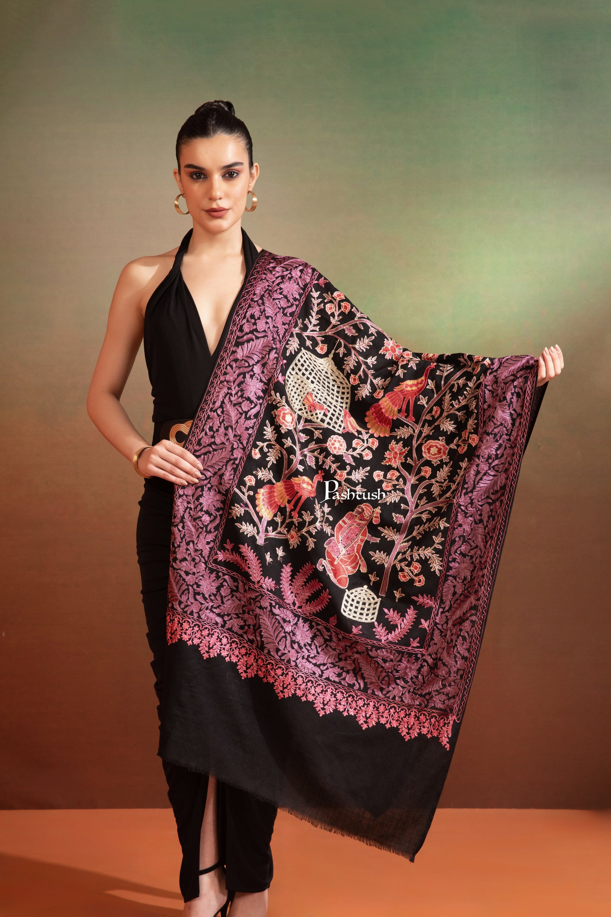 Pashtush India Womens Stole Pashtush Womens Woollen Stole, Gardens Of Paradise, Embroidery Design, Black