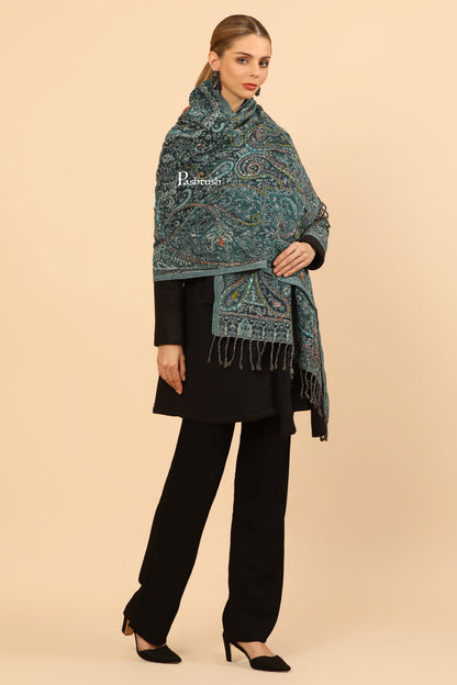 Pashtush India Womens Stoles Pashtush Womens Woollen Stole, Hand Embroidery  Design, Ice Blue