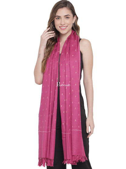Pashtush India Womens Stoles and Scarves Scarf Pashtush Womens Woollen Stole, Kashmiri Booti Embroidery Needlework Stole, Pink