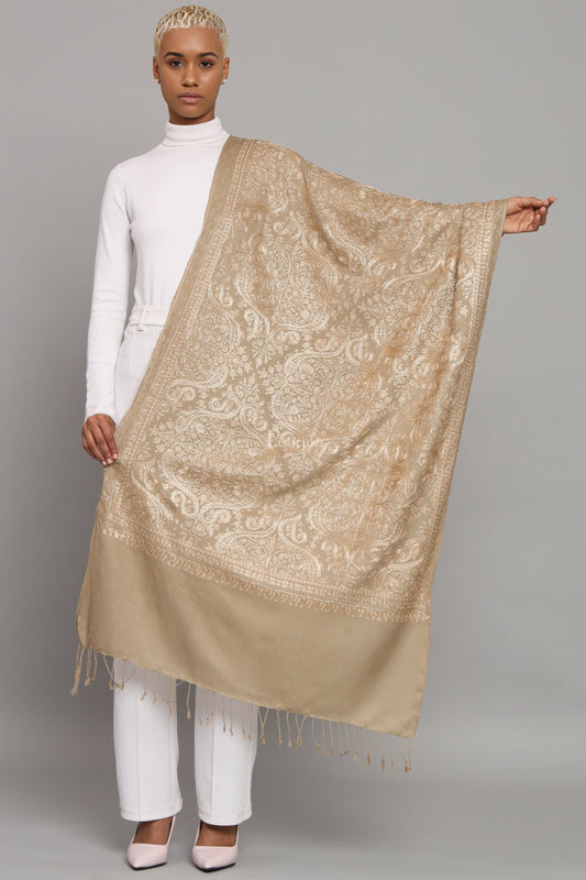 Pashtush India Womens Stoles Pashtush Womens Woollen Stole, Nalki Embroidery Tone On Tone  Design, Taupe