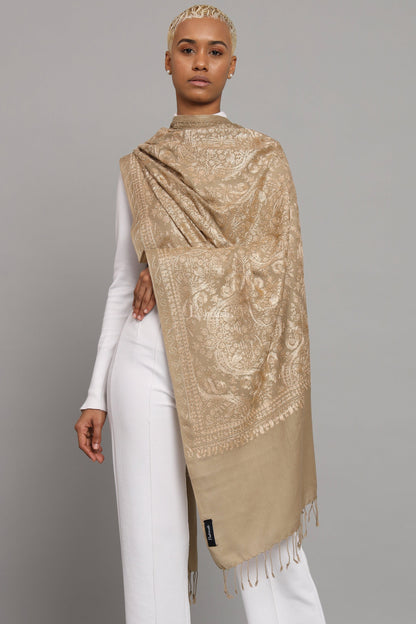 Pashtush India Womens Stoles Pashtush Womens Woollen Stole, Nalki Embroidery Tone On Tone  Design, Taupe