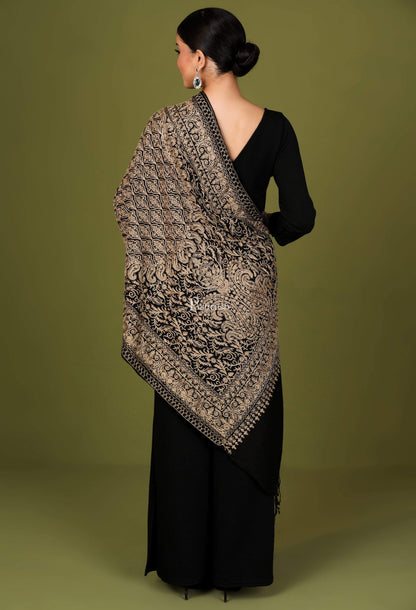 Pashtush Store Stole Pashtush Womens Woollen Stole, Silky Nalki Embroidery Needlework Stole, Black