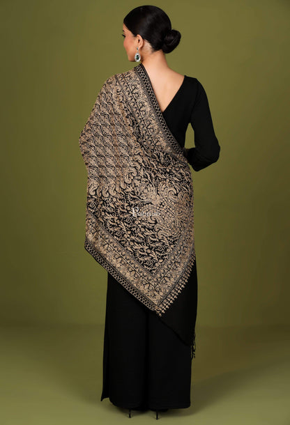 Pashtush Store Stole Pashtush Womens Woollen Stole, Silky Nalki Embroidery Needlework Stole, Black