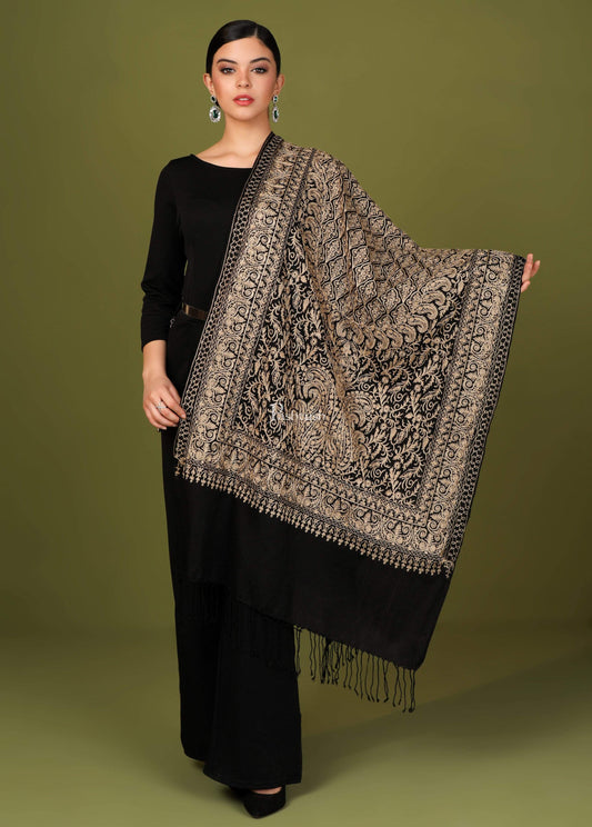 Pashtush Store Stole Pashtush Womens Woollen Stole, Silky Nalki Embroidery Needlework Stole, Black