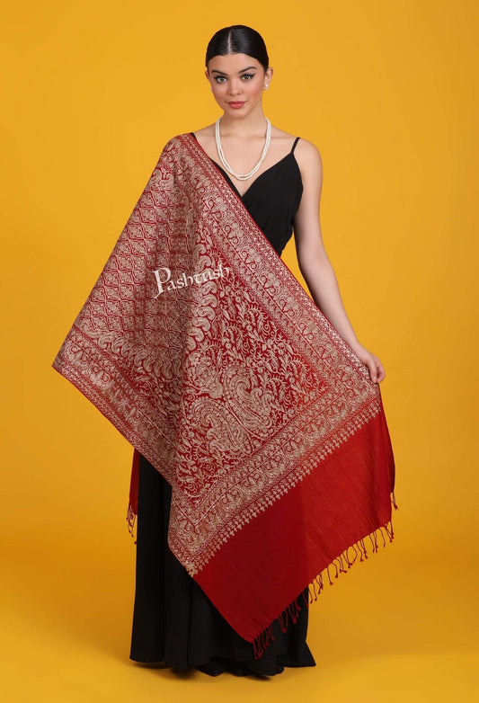 Pashtush Store Stole Pashtush Womens Woollen Stole, Silky Nalki Embroidery Needlework Stole, Maroon