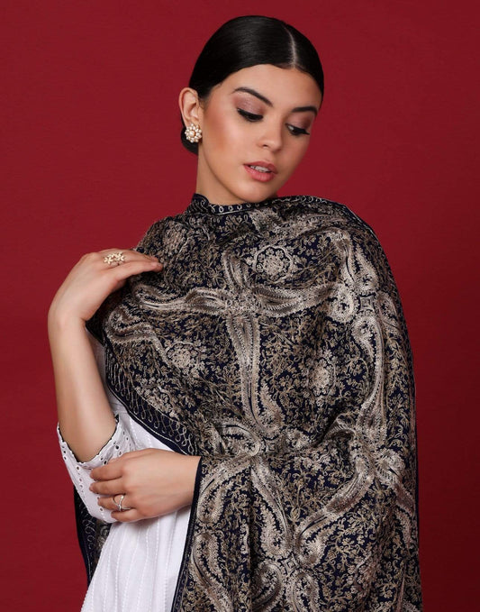 Pashtush Store Stole Pashtush Womens Woollen Stole, Silky Nalki Embroidery Needlework Stole, Midnight