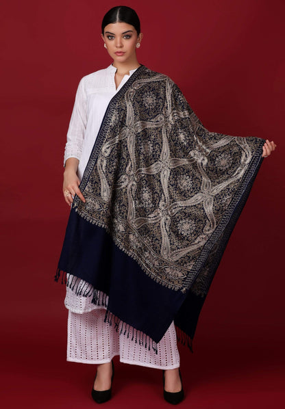 Pashtush Store Stole Pashtush Womens Woollen Stole, Silky Nalki Embroidery Needlework Stole, Midnight