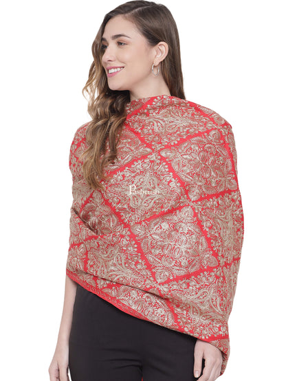 Pashtush India Womens Stoles and Scarves Scarf Pashtush Womens Woollen Stole, Silky Nalki Embroidery Needlework Stole, red
