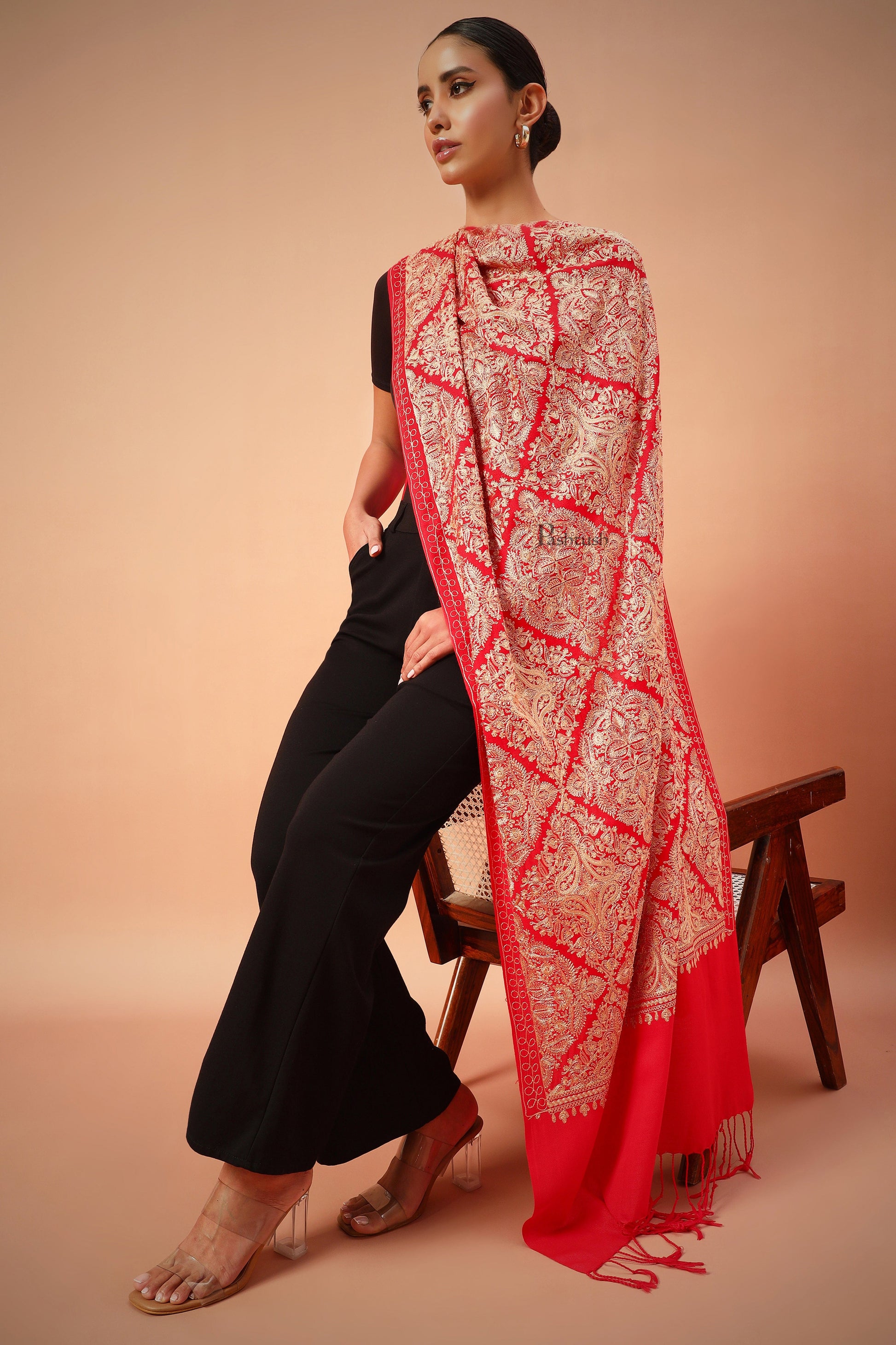 Pashtush India Womens Stoles and Scarves Scarf Pashtush Womens Woollen Stole, Silky Nalki Embroidery Needlework Stole, Red