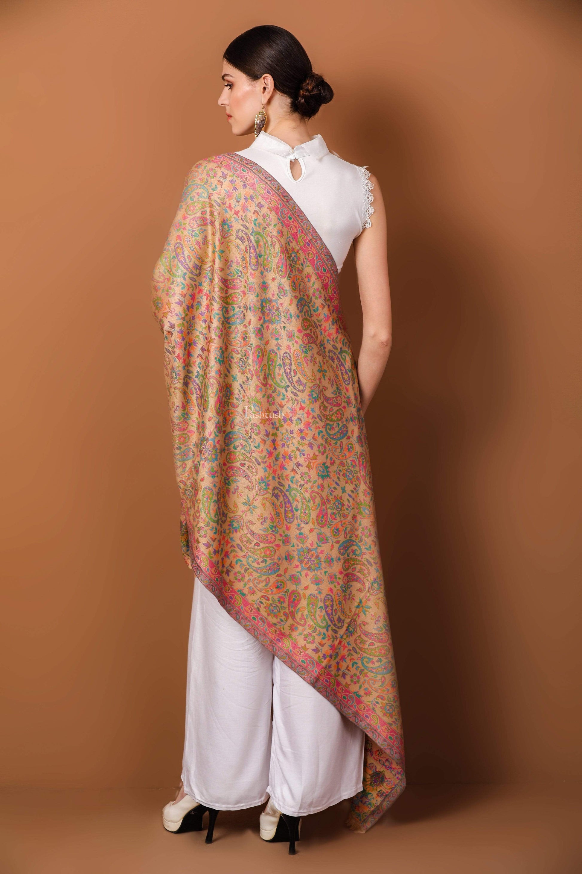 Pashtush India 70x200 Pashtush Womens Woven Ethnic Stole, Woollen, Faux Pashmina Stole, Pastel Hues