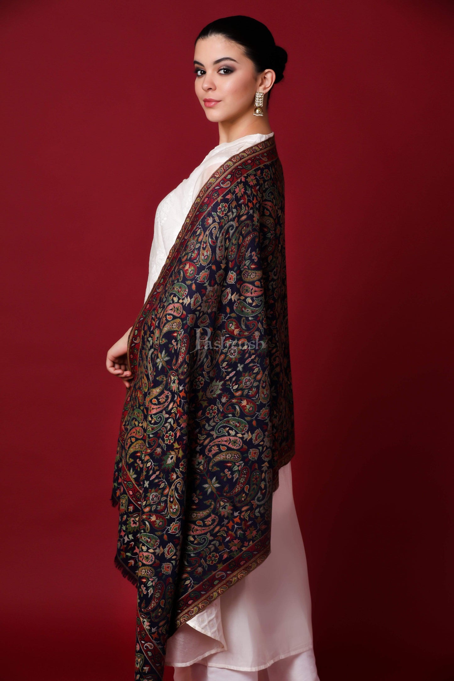 Pashtush India 100x200 Pashtush Womens Woven Kaani Shawl, Woollen, Faux Pashmina Shawl, Navy Blue