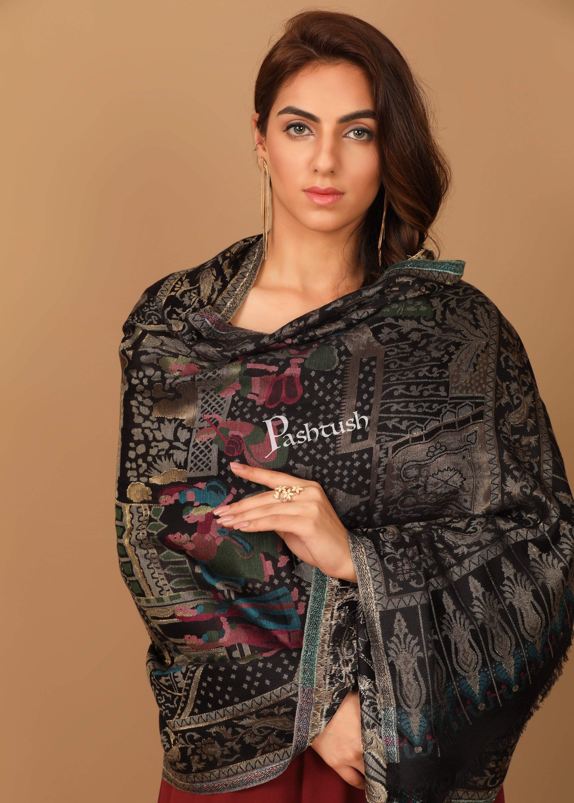 Pashtush India 100x200 Pashtush Womens, Woven Mughal Darbar Shawl, with Golden Zari Weave
