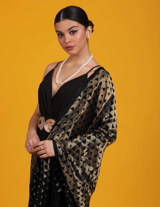Pashtush Shawl Store Stole Pashtush Womens Zari Weave Stole, Scarf, Black and Golden