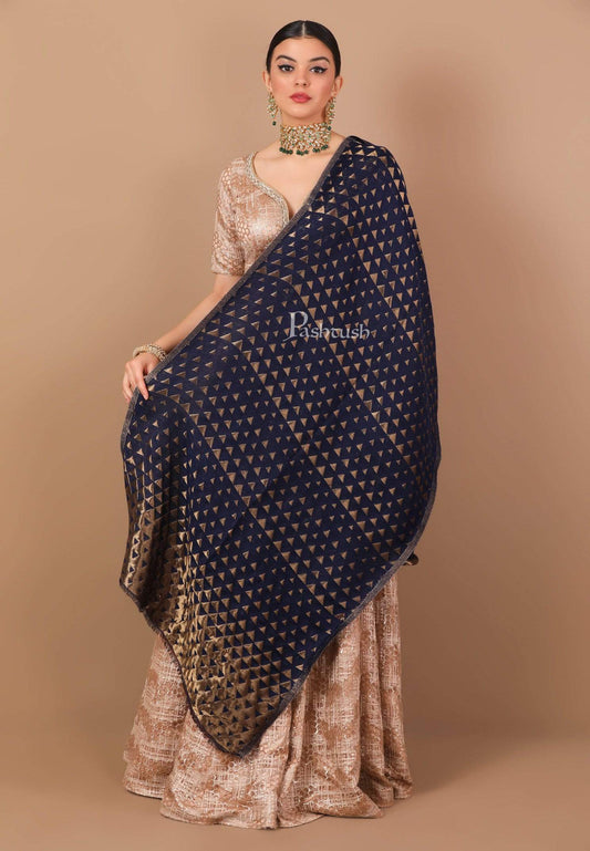 Pashtush Shawl Store Stole Pashtush Womens Zari Weave Stole, Scarf, Dark Blue and Golden