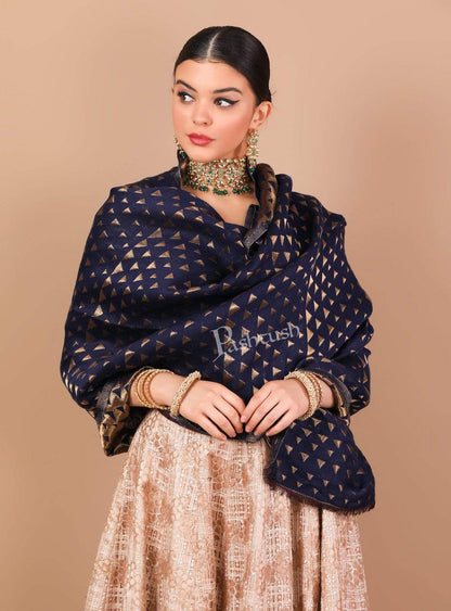 Pashtush Shawl Store Stole Pashtush Womens Zari Weave Stole, Scarf, Dark Blue and Golden