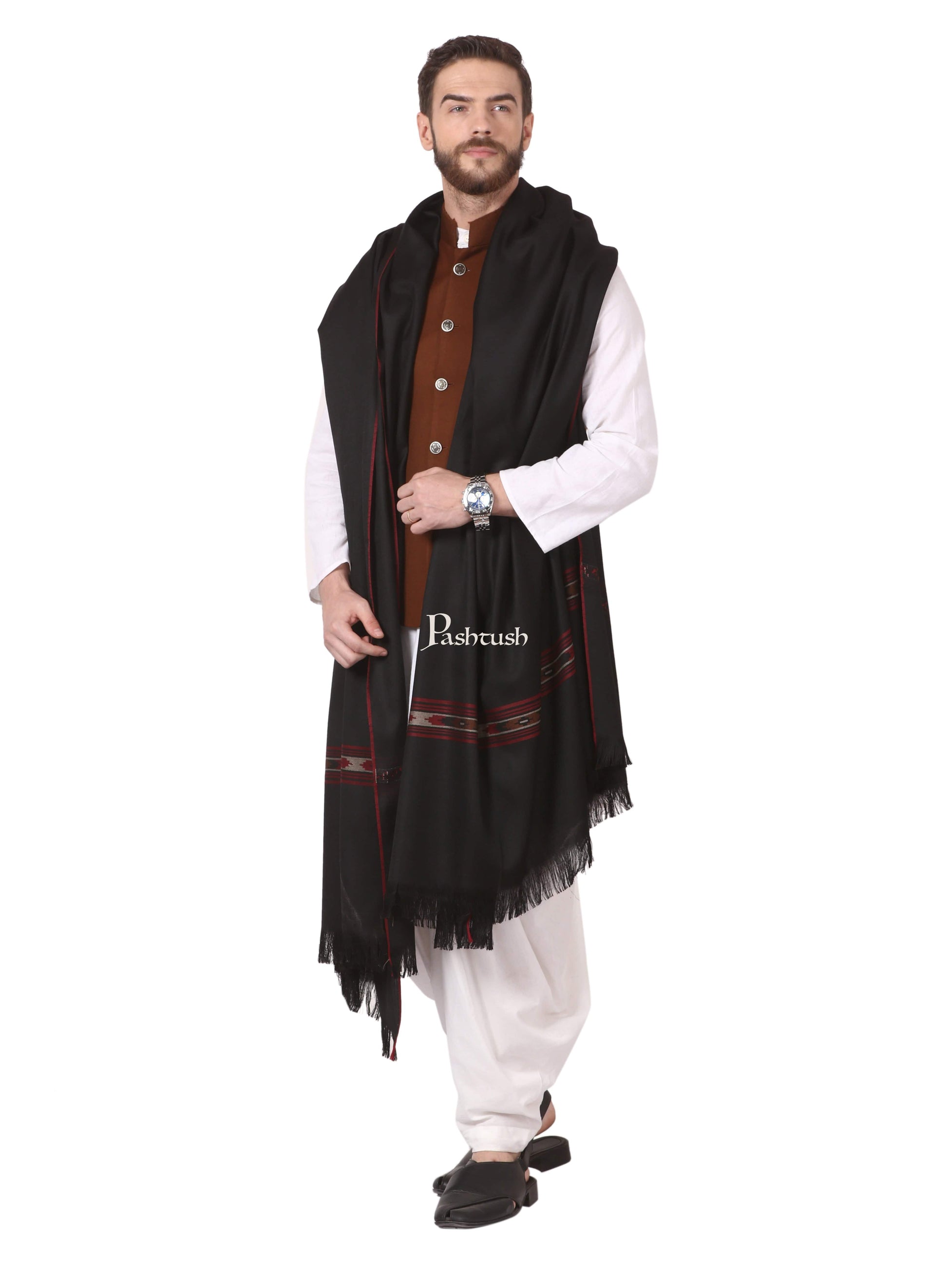 Pashtush India Mens Shawls Gents Shawl Pashtush Woven Aztec Design Mens Full Size Shawl In Extra Fine Wool -Black