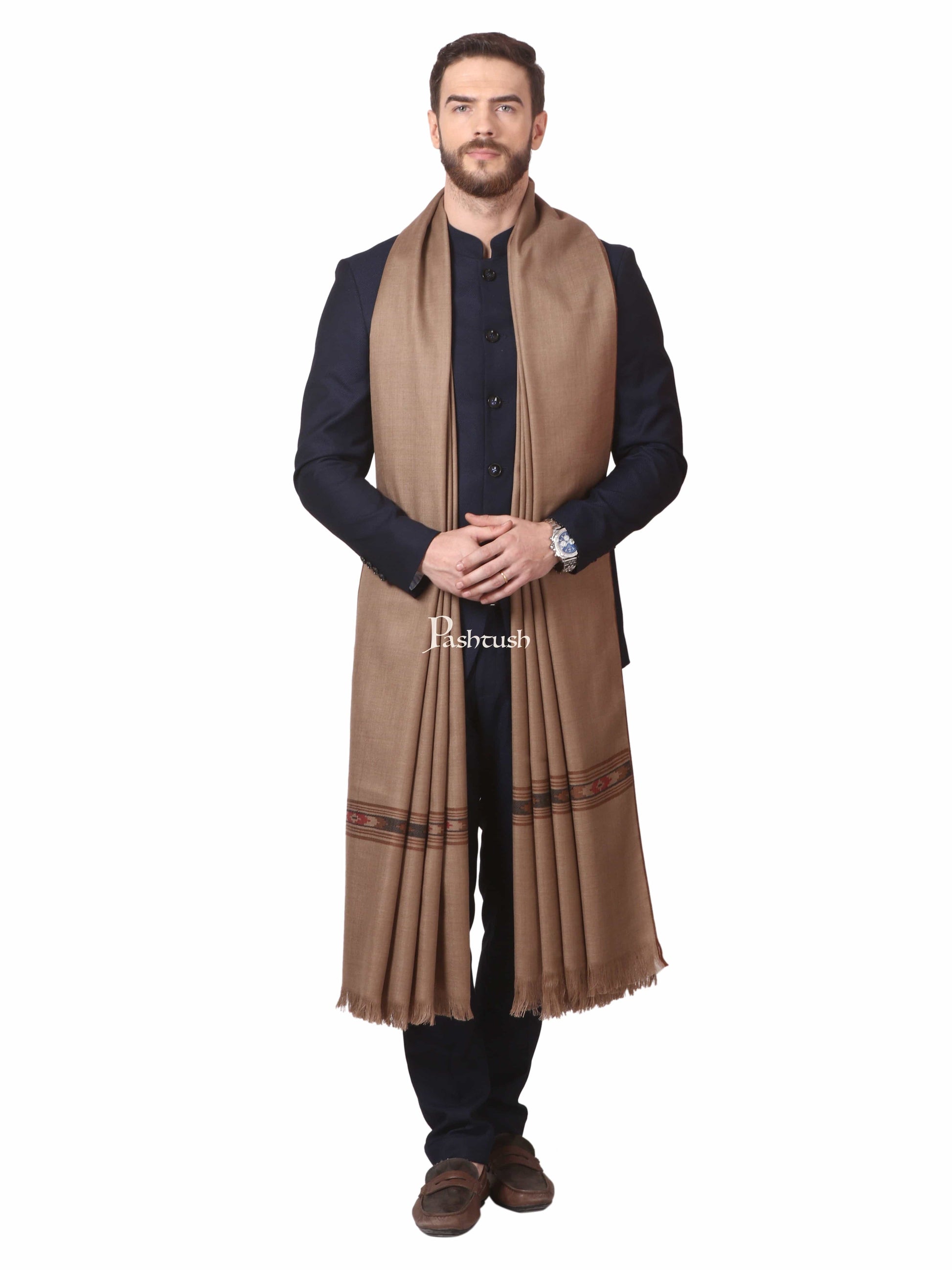 Pashtush India Mens Shawls Gents Shawl Pashtush Woven Aztec Design Mens Shawl (Lambs Wool) Beige