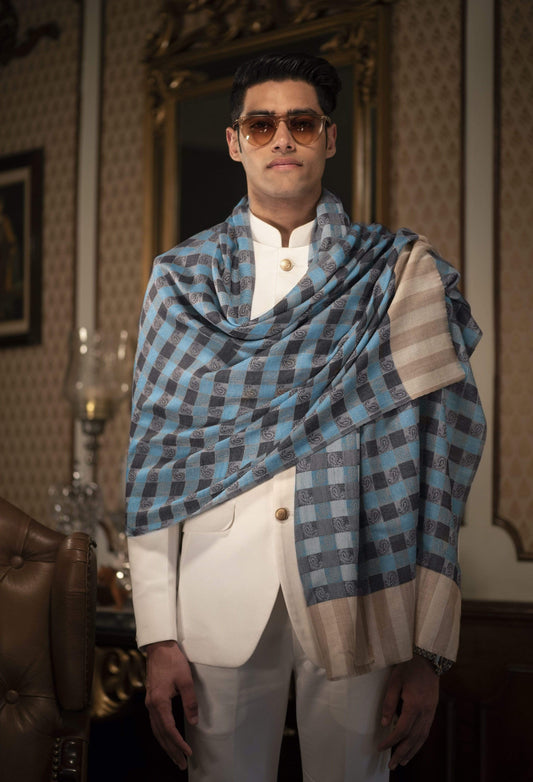 Pashtush India 70x200 Pashtush Woven Mens Checkered Scarf, Fine Wool Muffler, Soft and Light, Antique Blue