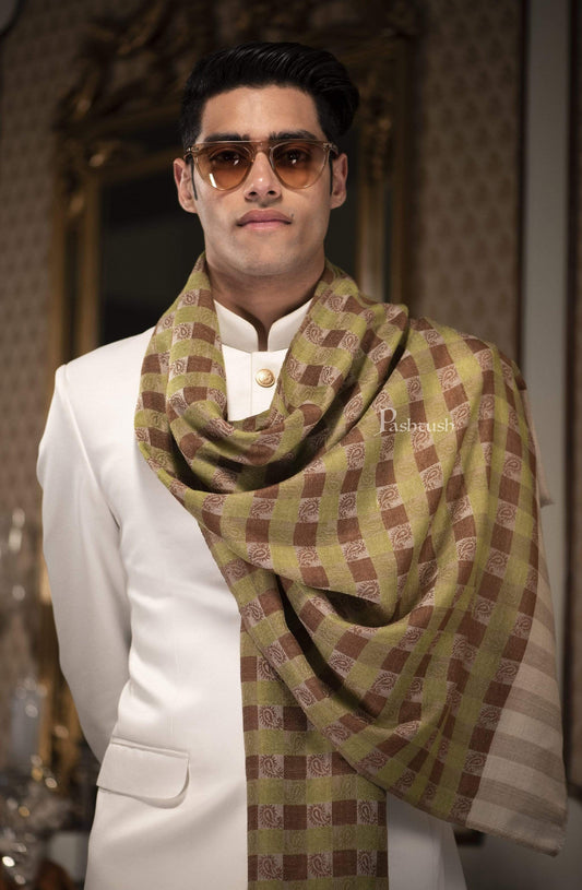 Pashtush India 70x200 Pashtush Woven Mens Checkered Scarf, Fine Wool Muffler, Soft and Light, Beige and Sea Green
