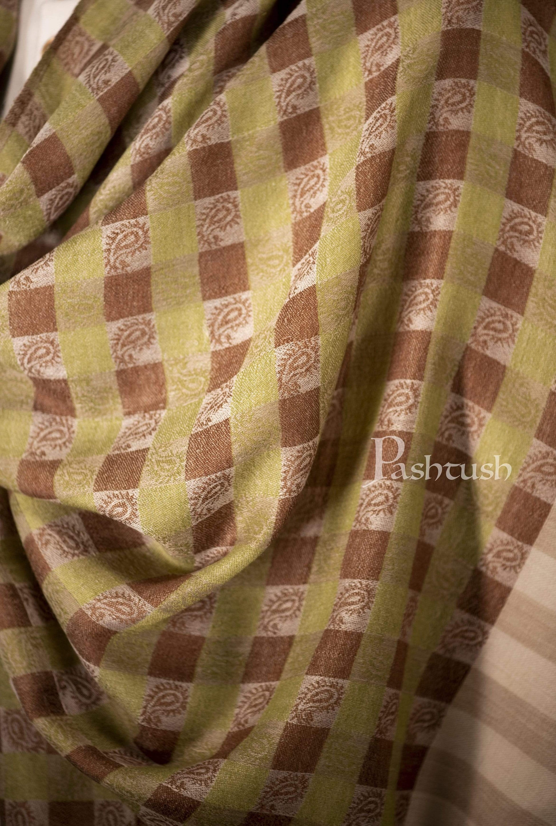 Pashtush India 70x200 Pashtush Woven Mens Checkered Scarf, Fine Wool Muffler, Soft and Light, Beige and Sea Green